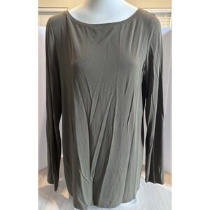 Eileen Fisher Minimalist Jersey Knit Top Womens L Olive Green Crew Neck Shirt